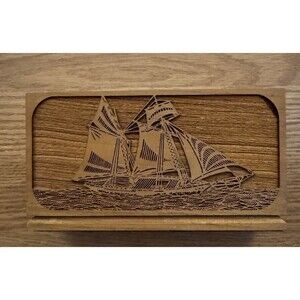 Lasercraft Napkin/Letter Holder Walnut‎ 3 Mast Ship Laser Engraved American VTG